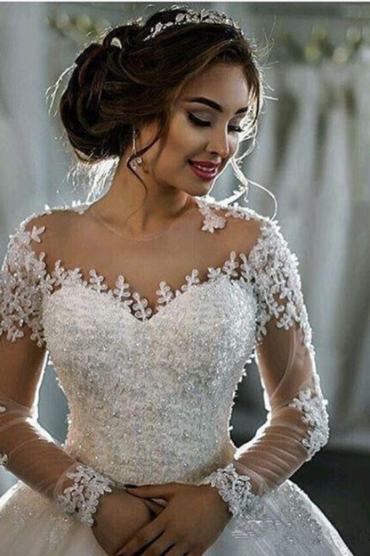 Sheer Lace Long Sleeve Beaded Ball Gown Wedding Dress