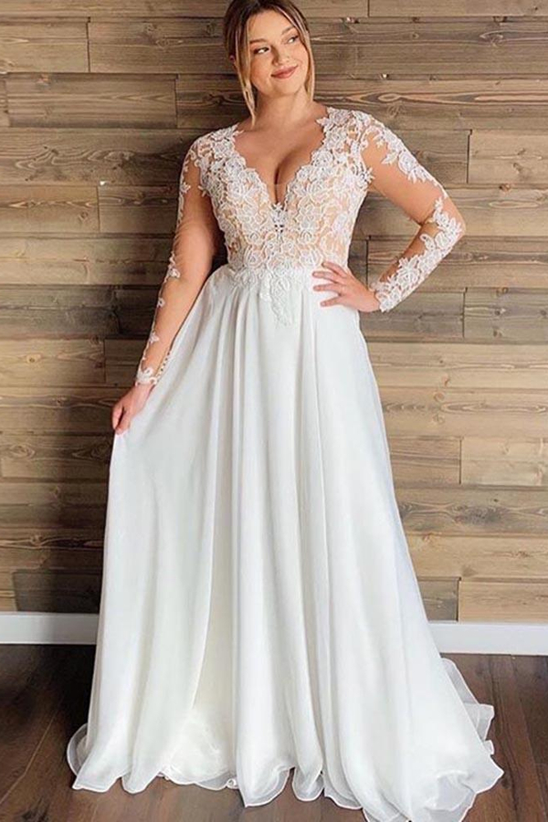 Sheer Tulle Lace A-Line Wedding Gown with Long Sleeves