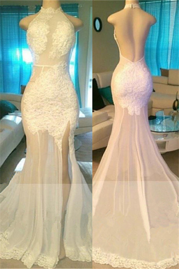 Sheer Tulle Lace Applique Side Slit Backless Prom Dress Evening Gown
