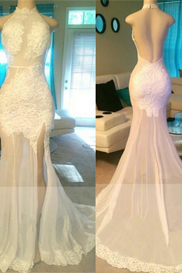 Sheer Tulle Lace Applique Side Slit Backless Prom Dress Evening Gown 