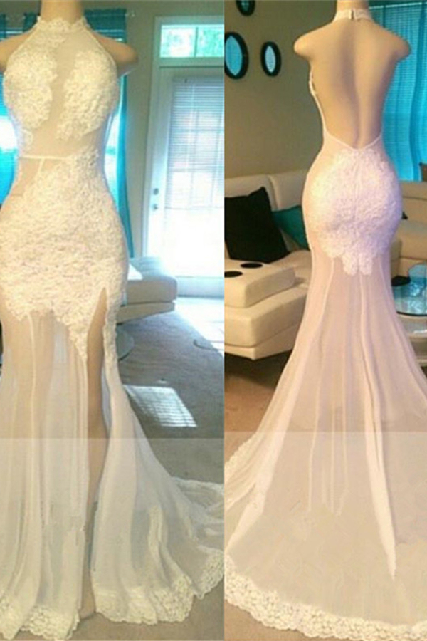 Sheer Tulle Lace Applique Side Slit Backless Prom Dress Evening Gown