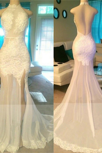 Sheer Tulle Lace Applique Side Slit Backless Prom Dress Evening Gown 