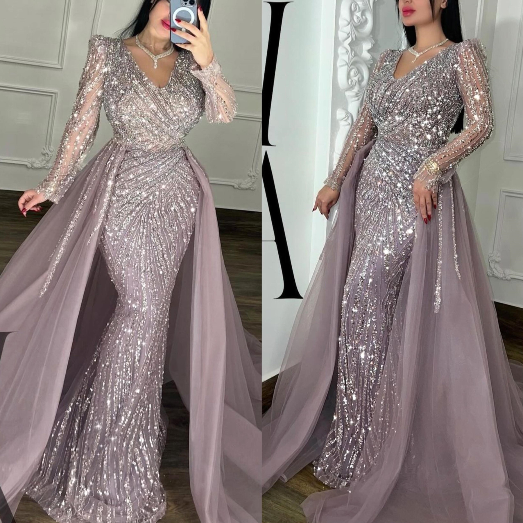 Dazling Beaded Long Sleeves V-Neck Mermaid Prom Dress with Train