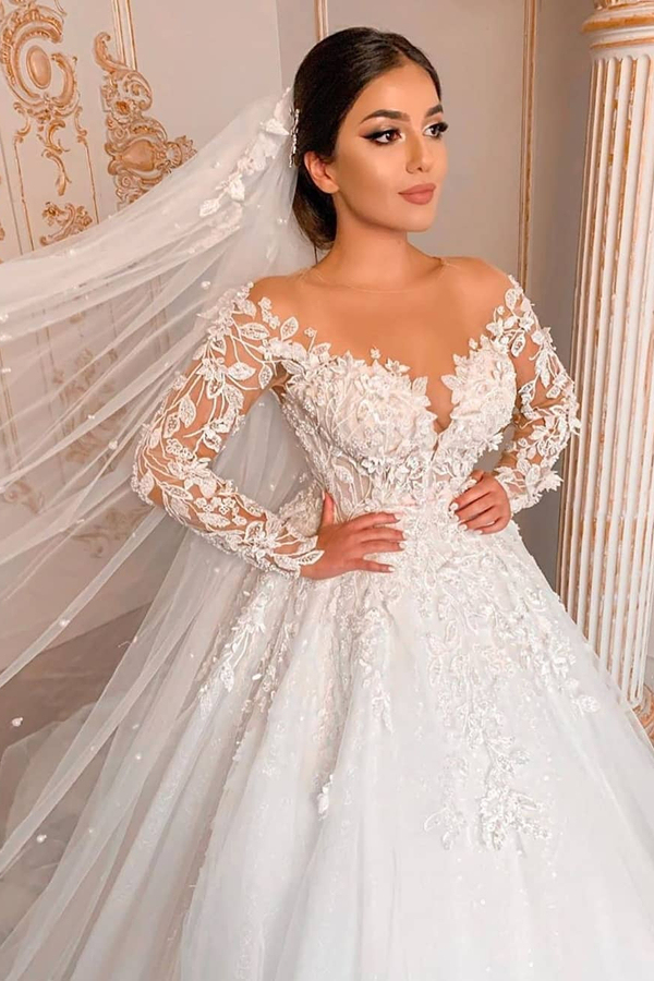 Appliques Sheer Tulle Ball Gown Wedding Dresses | Shiny Long Sleeve Bridal Gowns