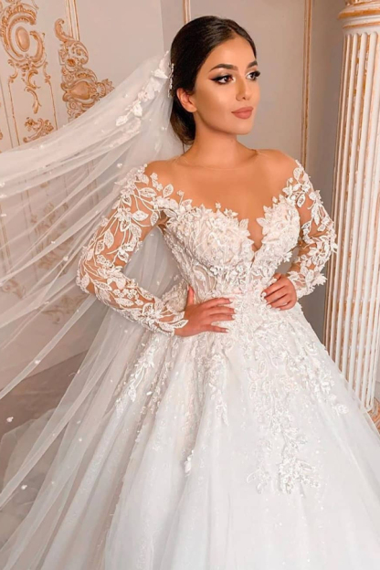 Appliques Sheer Tulle Ball Gown Wedding Dresses | Shiny Long Sleeve Bridal Gowns