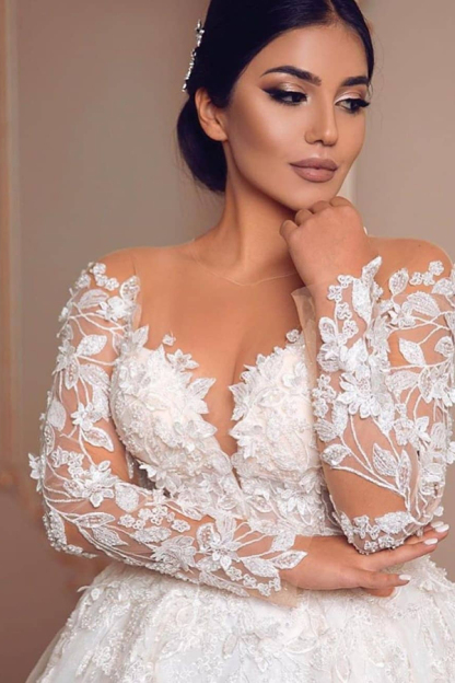 Appliques Sheer Tulle Ball Gown Wedding Dresses | Shiny Long Sleeve Bridal Gowns