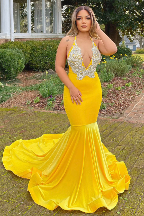 Shiny Yellow Velvet Sleeveless V-Neck Mermaid Prom Dress