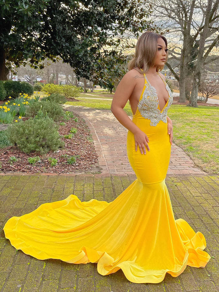 Shiny Yellow Velvet Sleeveless V-Neck Mermaid Prom Dress