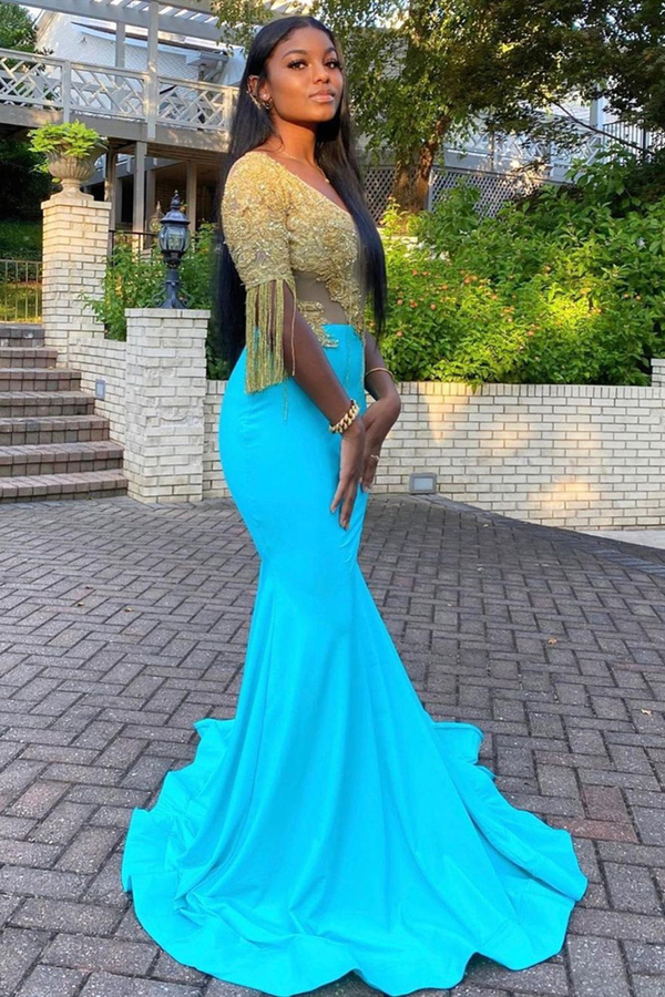 Mermaid Evening Gown with Tassels| Short Sleeve Glitter Appliqués Long Prom Dress