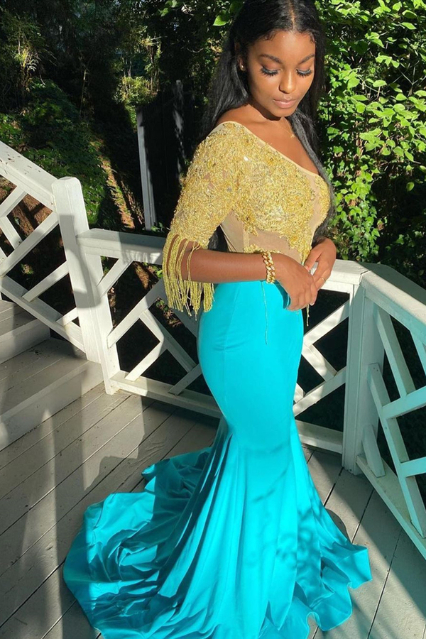 Mermaid Evening Gown with Tassels| Short Sleeve Glitter Appliqués Long Prom Dress