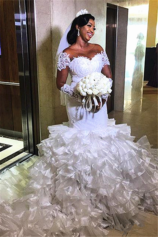 Short Sleeve Off-Shoulder White Mermaid Wedding Dress with Ruffle Train