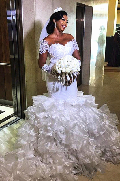 Short Sleeve Off-Shoulder White Mermaid Wedding Dress with Ruffle Train