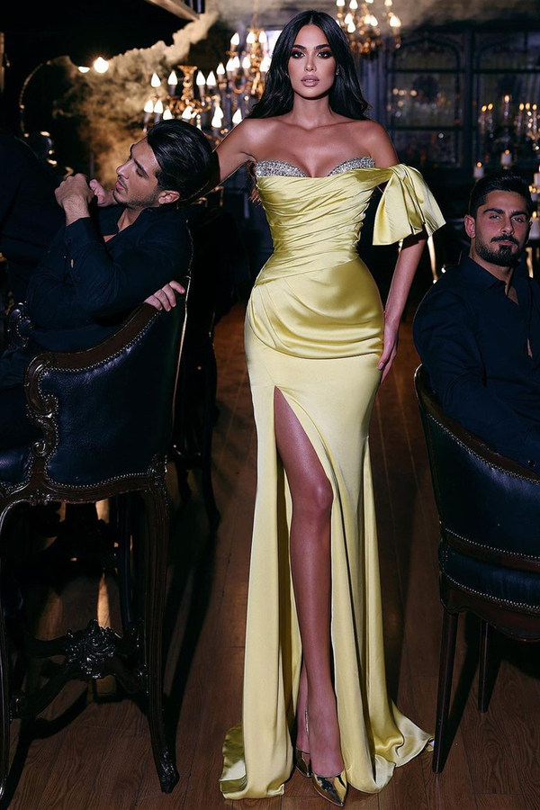 Side-Slit Bandeau Collar Evening Dress Long Satin Glitter Prom Dress