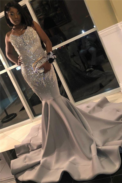 Silver Beaded Sequin Mermaid Prom Dress Strapless Sleeveless Formal Evening Gown
