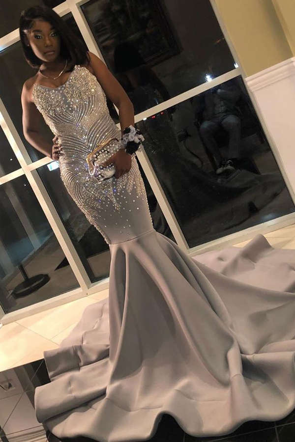 Silver Beaded Sequin Mermaid Prom Dress Strapless Sleeveless Formal Evening Gown