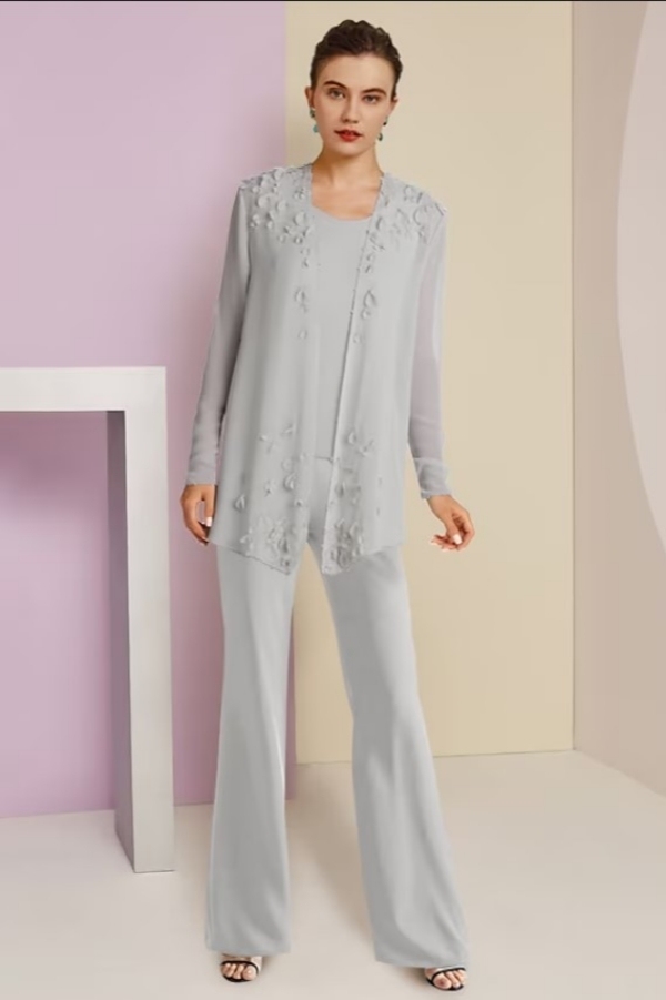 Silver Chiffon 3-Piece Suit Mother of the Bride Dress with Jacket