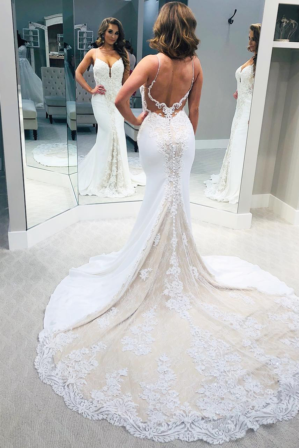 Simple Backless Spaghetti Strap Column Wedding Dress with Train