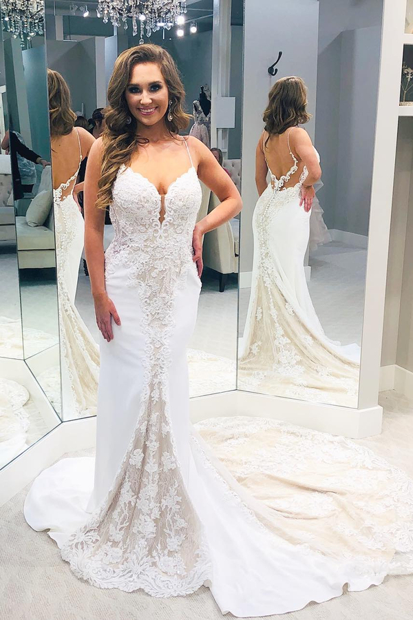 Simple Backless Spaghetti Strap Column Wedding Dress with Train