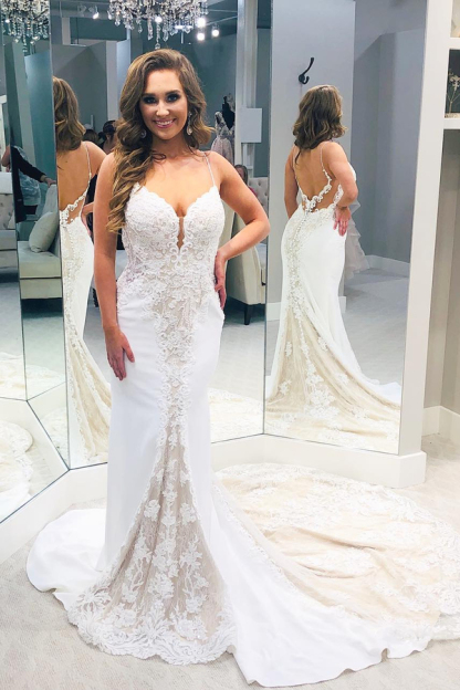 Simple Backless Spaghetti Strap Column Wedding Dress with Train