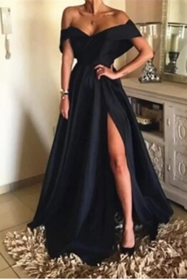 Simple Black Off-the-Shoulder Long A-line Prom Dress With Slit