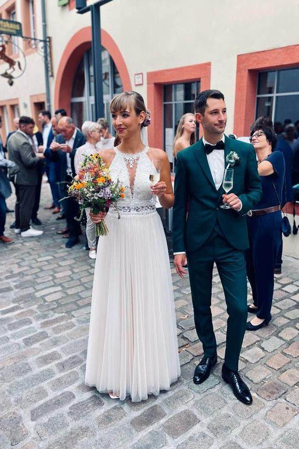 Simple Halter White Tulle Wedding Dress