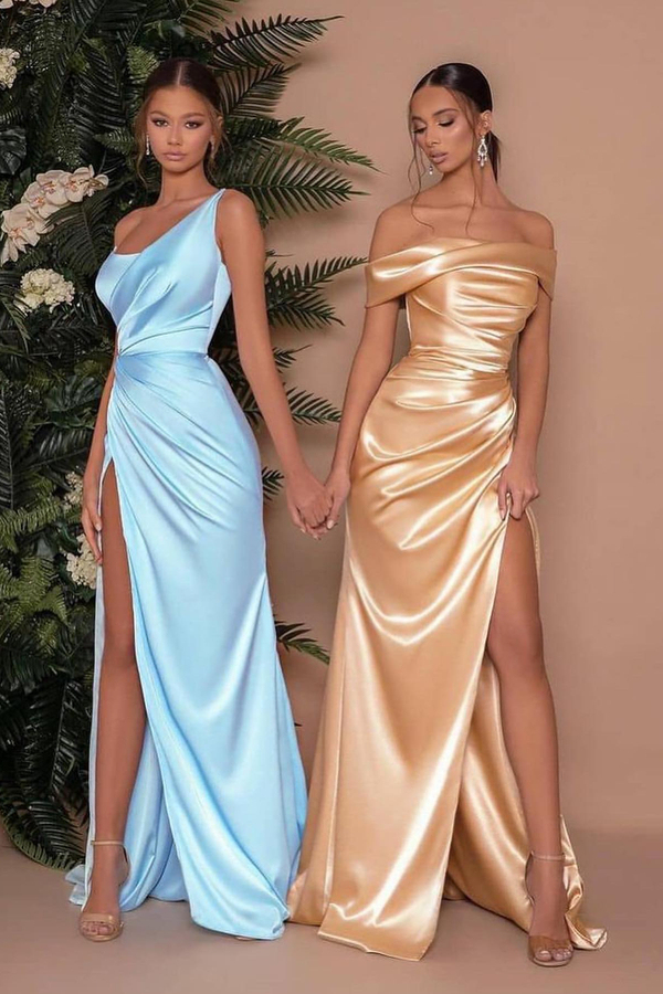 Simple Long Side-Slit Satin Evening Dress One Shoulder Sky Blue Party Dress