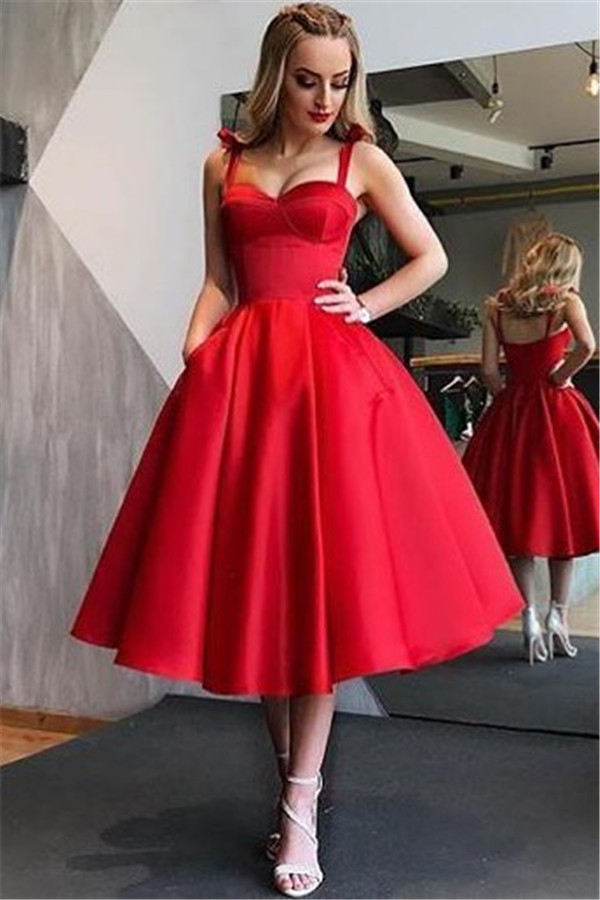 Simple Red Straps A-Line Evening Dress Open Back Tea-Length Formal Dress