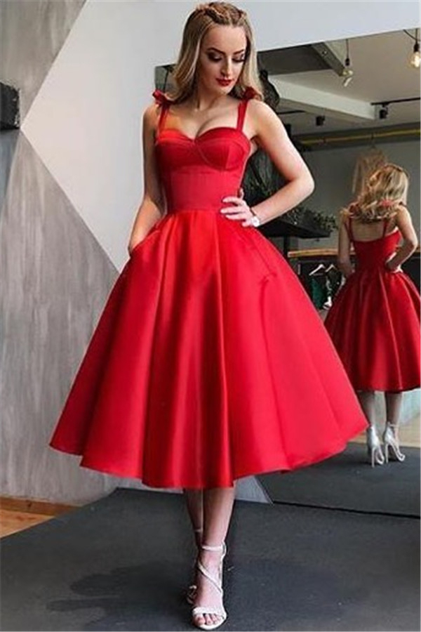 Simple Red Straps A-Line Evening Dress Open Back Tea-Length Formal Dress