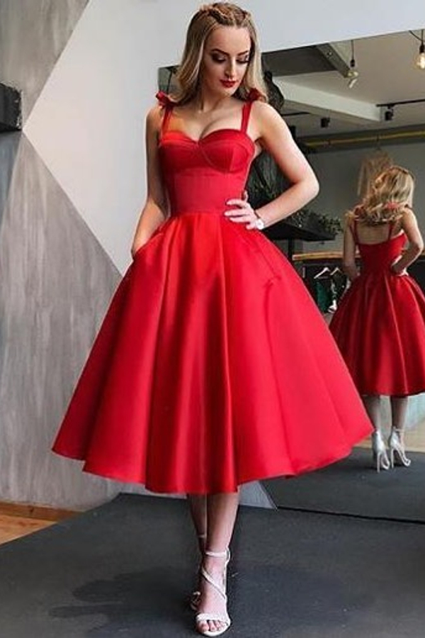 Simple Red Straps A-Line Evening Dress Open Back Tea-Length Formal Dress