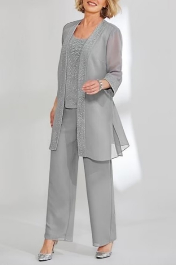 Simple Silver 3-Piece Suit Mother of the Bride Dress with Jacket