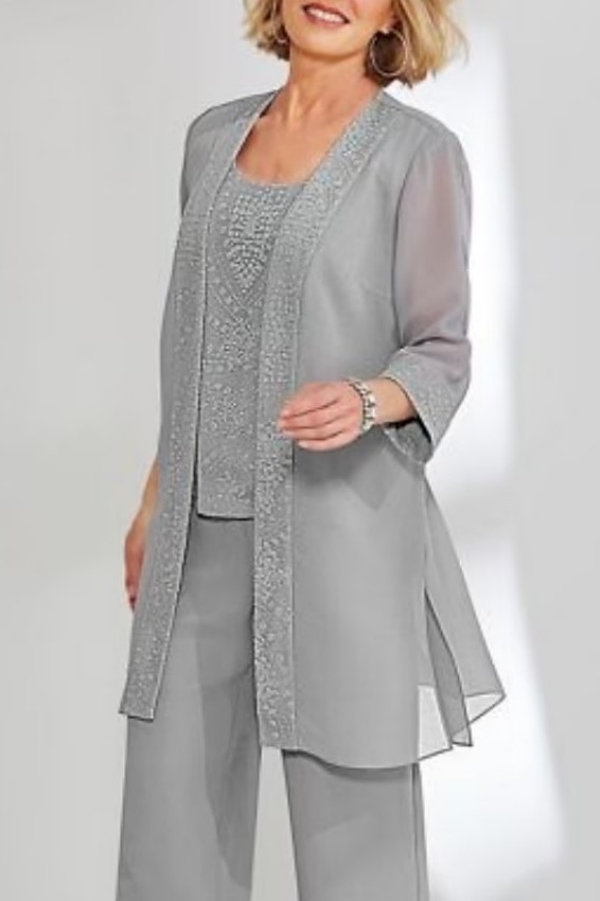 Simple Silver 3-Piece Suit Mother of the Bride Dress with Jacket