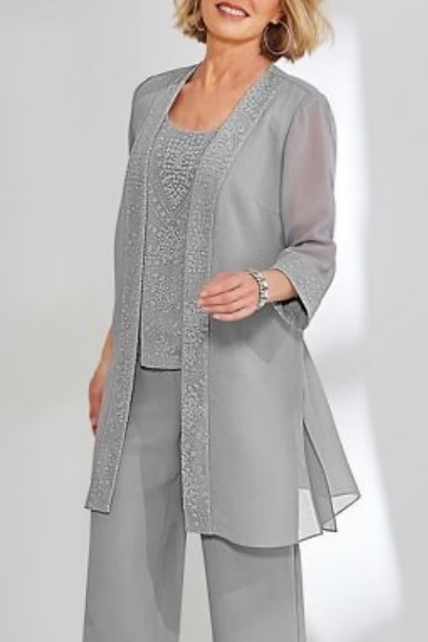 Simple Silver 3-Piece Suit Mother of the Bride Dress with Jacket