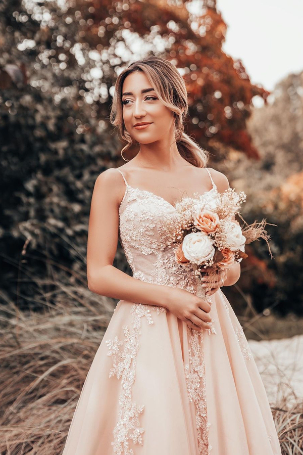 Simple Spaghetti Strap Lace Blush Pink Wedding Dress