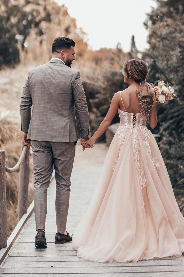 Simple Spaghetti Strap Lace Blush Pink Wedding Dress
