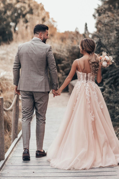 Simple Spaghetti Strap Lace Blush Pink Wedding Dress