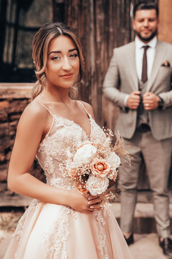 Simple Spaghetti Strap Lace Blush Pink Wedding Dress