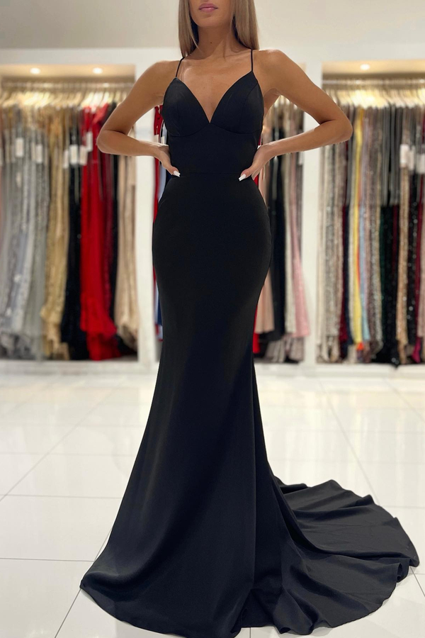 Simple Spaghetti Strap Mermaid Evening Dress Long Black Prom Dresses