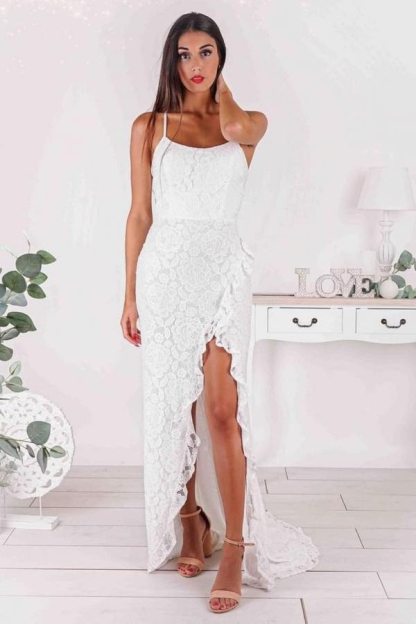 Simple Spaghetti Strap Side Slit Open Back Mermaid Lace Wedding Dress