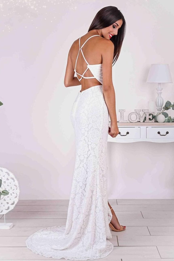 Simple Spaghetti Strap Side Slit Open Back Mermaid Lace Wedding Dress