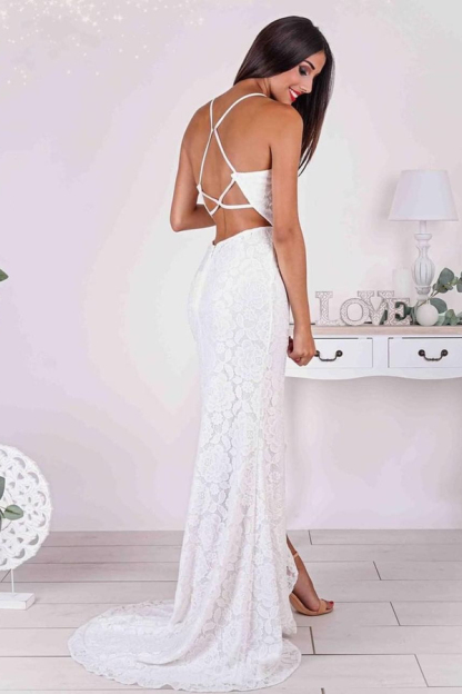 Simple Spaghetti Strap Side Slit Open Back Mermaid Lace Wedding Dress