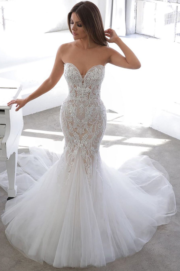 Simple Summer Style White Sweetheart Mermaid Lace Wedding Dress