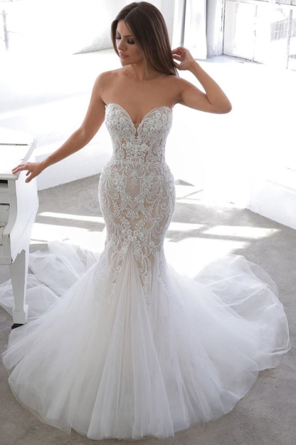 Simple Summer Style White Sweetheart Mermaid Lace Wedding Dress