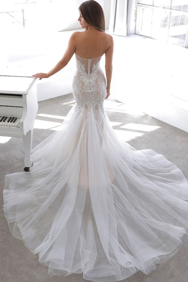 Simple Summer Style White Sweetheart Mermaid Lace Wedding Dress