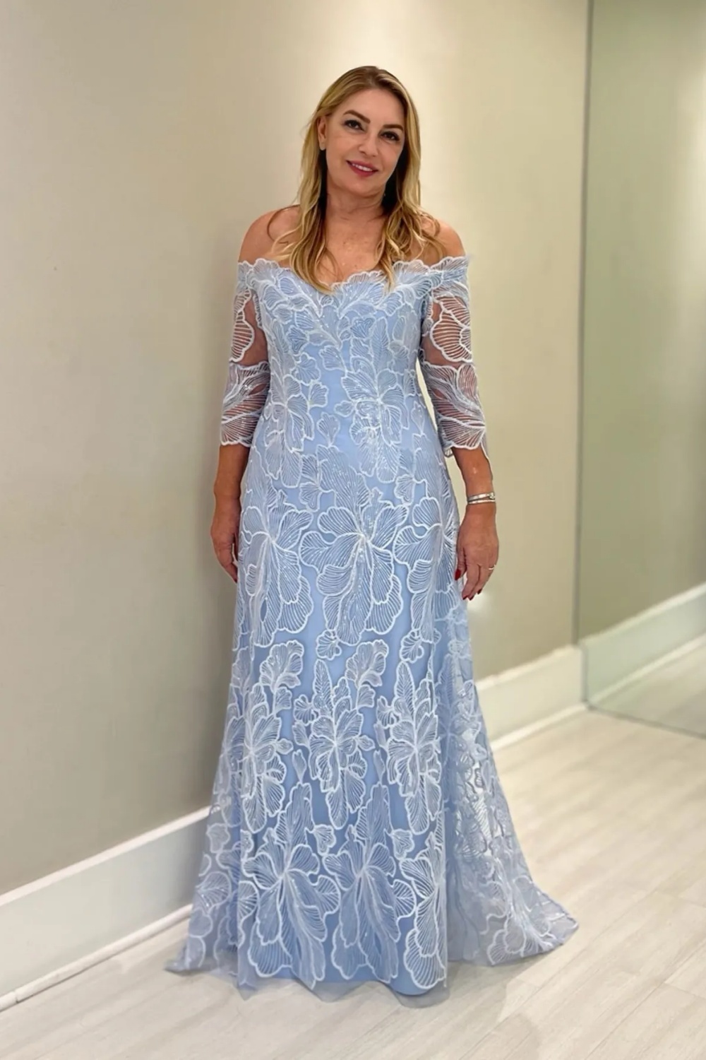 Off Shoulder 3/4 Sleeves Lace Mother of the Bride Dress Sky Blue Wedding Guest Dress