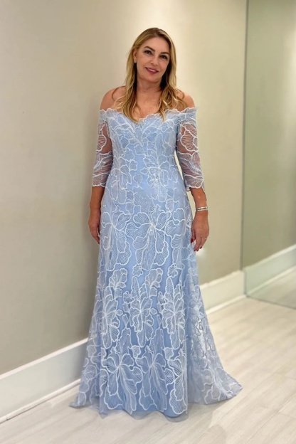 Off Shoulder 3/4 Sleeves Lace Mother of the Bride Dress Sky Blue Wedding Guest Dress