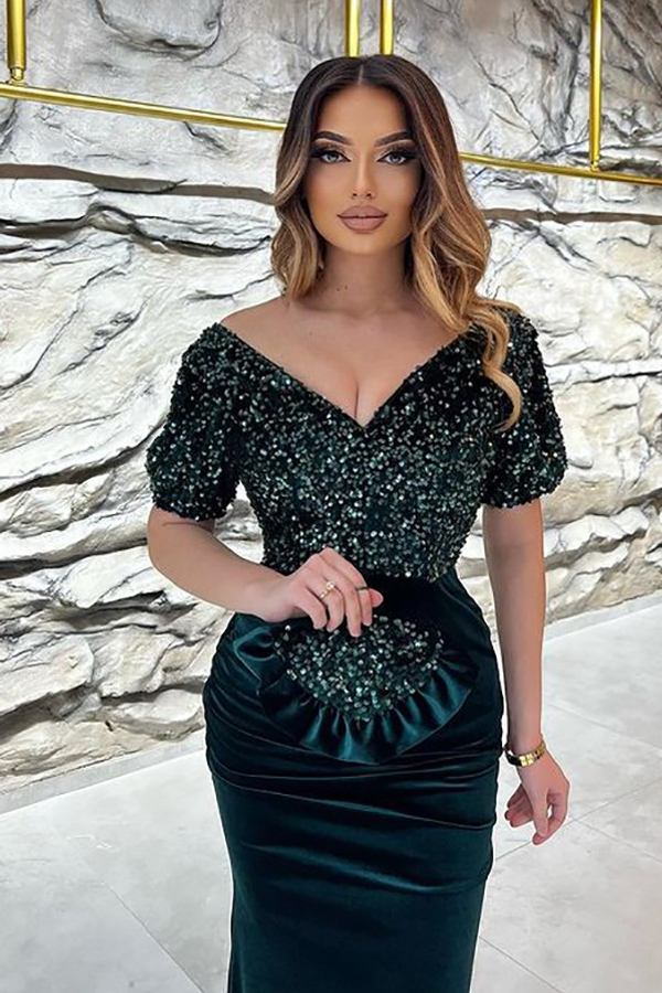 Sky Blue Long Sequined Sleeve Velvet Ball Gown Evening Dress