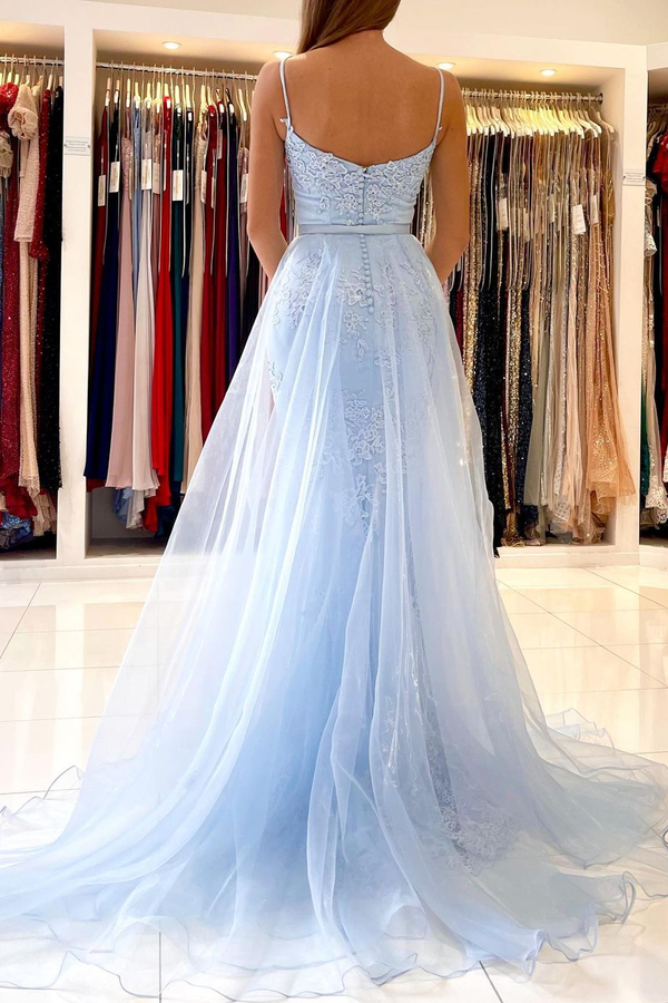Sky Blue Mermaid Maxi Evening Dress Floral Lace Appliqués Detachable Train