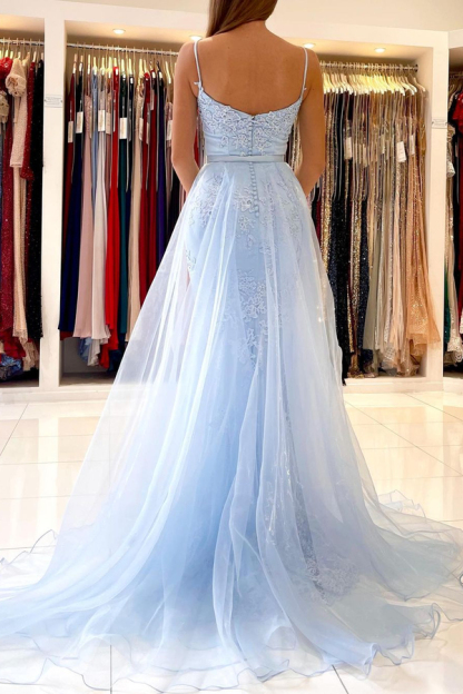 Sky Blue Mermaid Maxi Evening Dress Floral Lace Appliqués Detachable Train