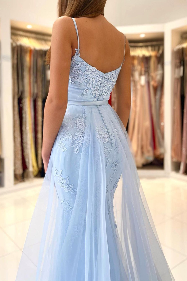 Sky Blue Mermaid Maxi Evening Dress Floral Lace Appliqués Detachable Train