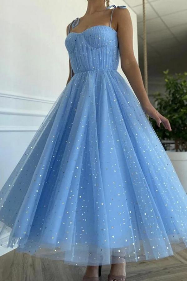 Sky Blue Spaghetti Straps Sequins Short Casual Dress | Sleeveless Formal Dress
